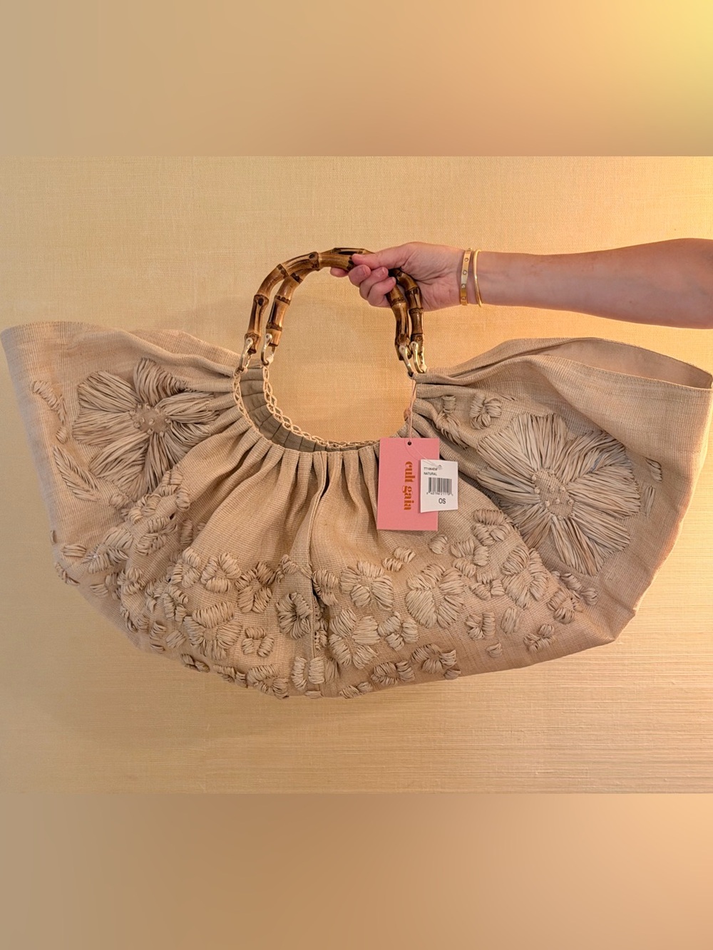 cult gaia Beige Embroidered Straw Tote with Bamboo Handles